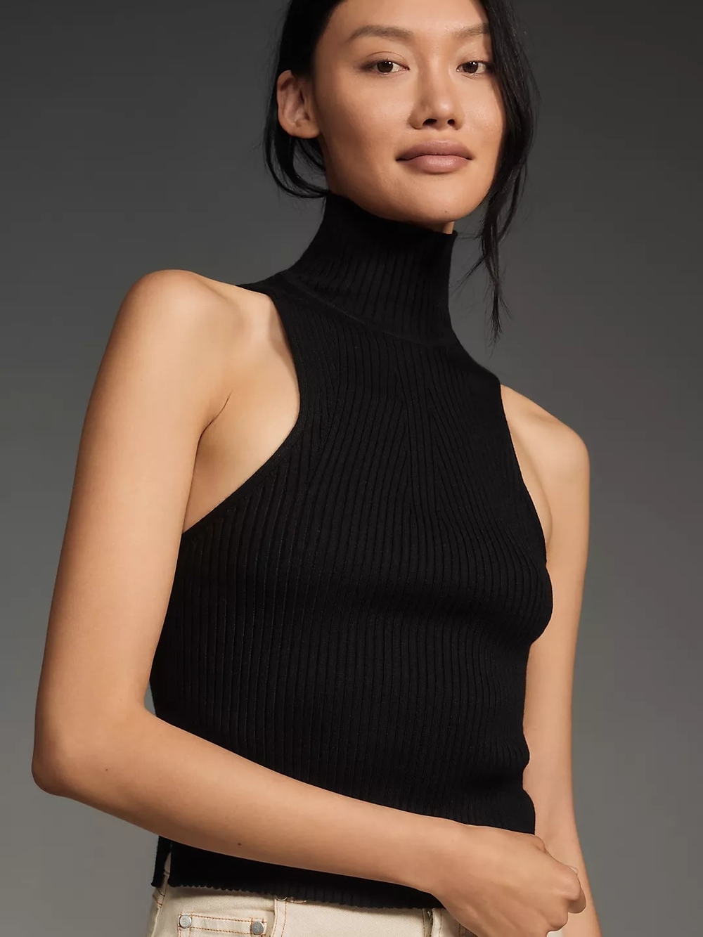 Anthropologie Black Sleeveless Ribbed Turtleneck Top